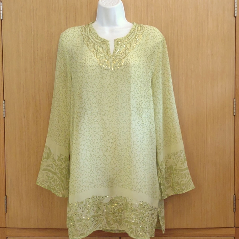 D Swim Light Green Patterned With Sequins SZ L Long Sleeve Bathing Suit Cover Up